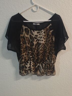 Papaya Leopard Print Chiffon Top with Black Sheer Sleeves